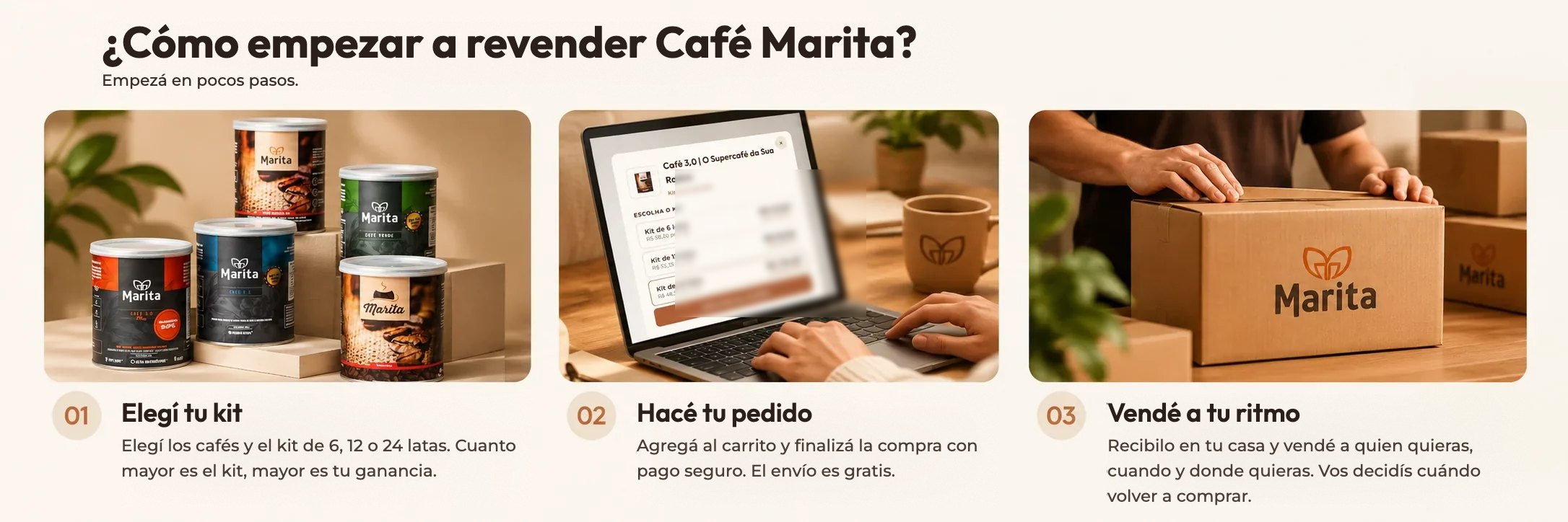 ¿Cómo empezar a revender Café Marita? Elegí tu kit, hacé tu pedido, vendé a tu ritmo.